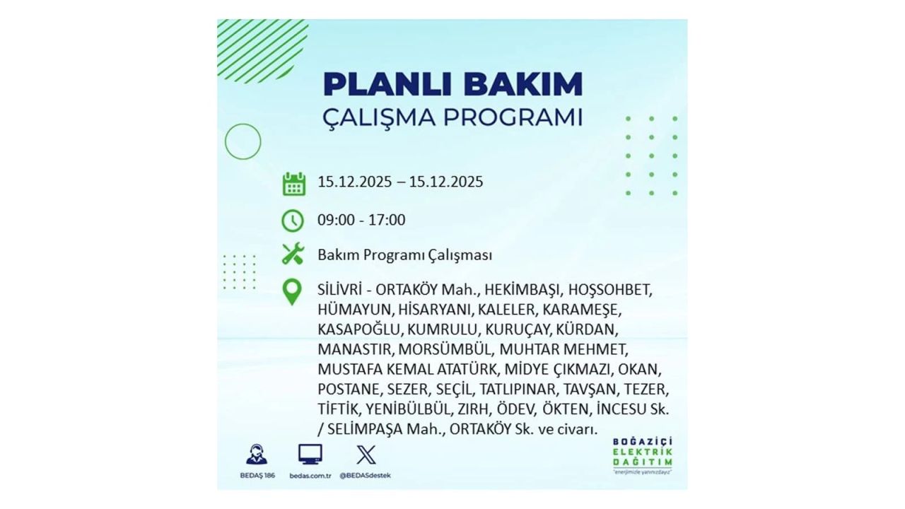 İstanbul'da 15 Aralık Pazartesi günü elektrik kesintileri olacak! İstanbul’da elektrikler ne zaman gelecek? BEDAŞ- AYEDAŞ 15 Aralık planlı elektrik kesintisi programı 69