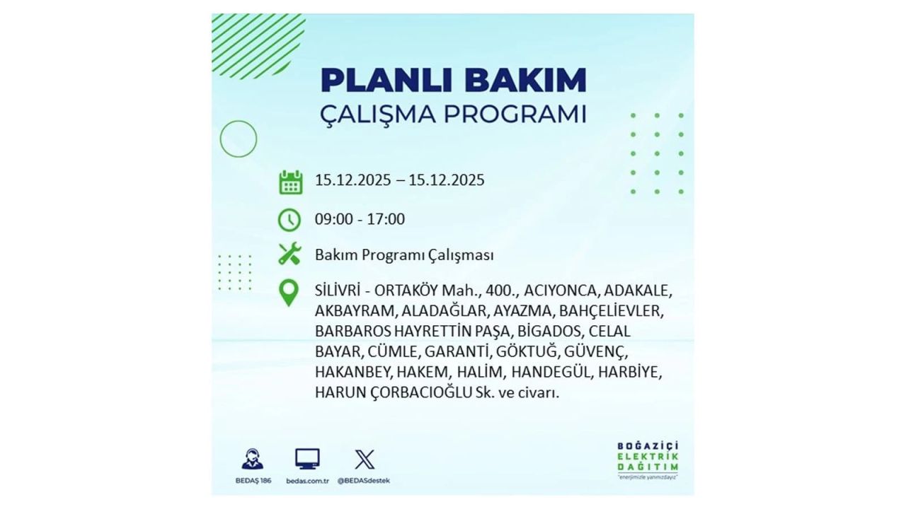 İstanbul'da 15 Aralık Pazartesi günü elektrik kesintileri olacak! İstanbul’da elektrikler ne zaman gelecek? BEDAŞ- AYEDAŞ 15 Aralık planlı elektrik kesintisi programı 70