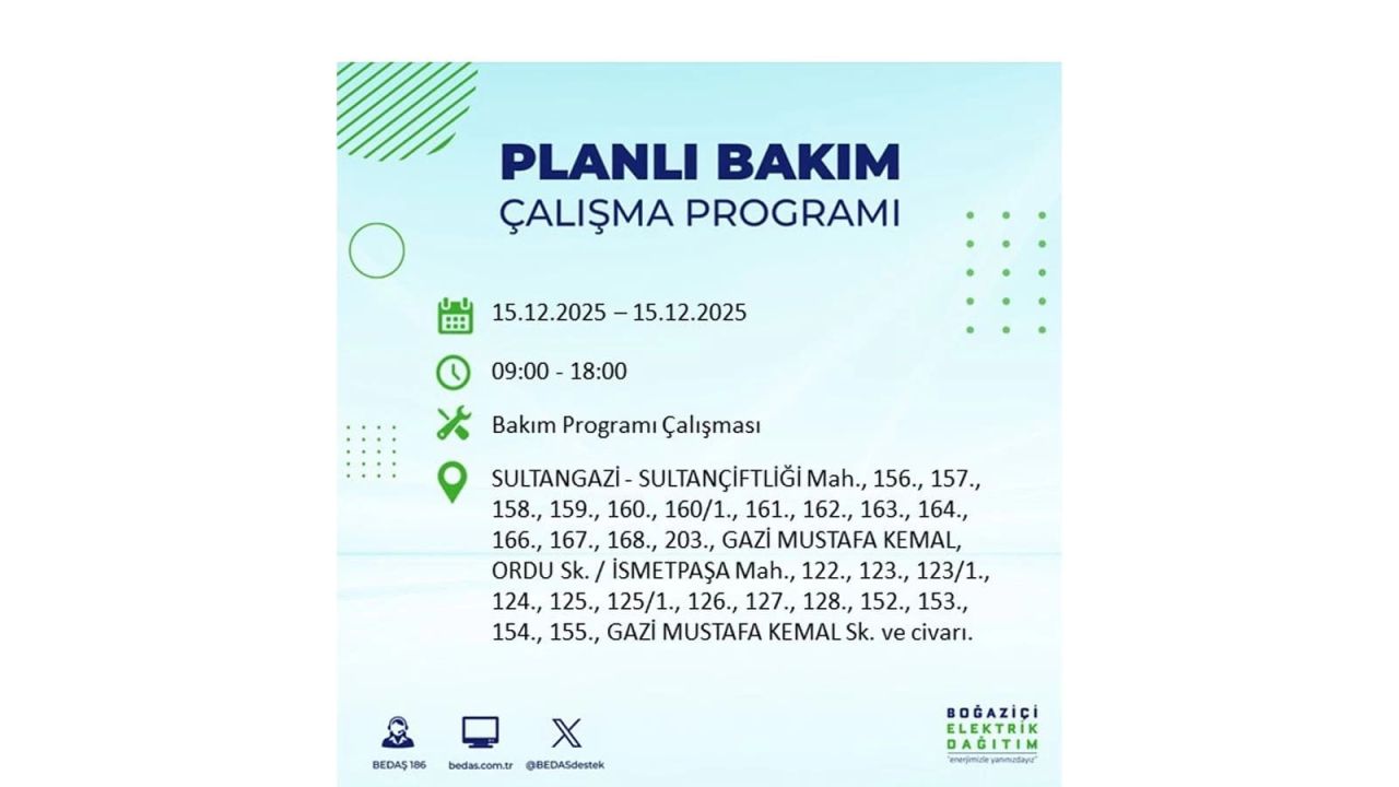 İstanbul'da 15 Aralık Pazartesi günü elektrik kesintileri olacak! İstanbul’da elektrikler ne zaman gelecek? BEDAŞ- AYEDAŞ 15 Aralık planlı elektrik kesintisi programı 72