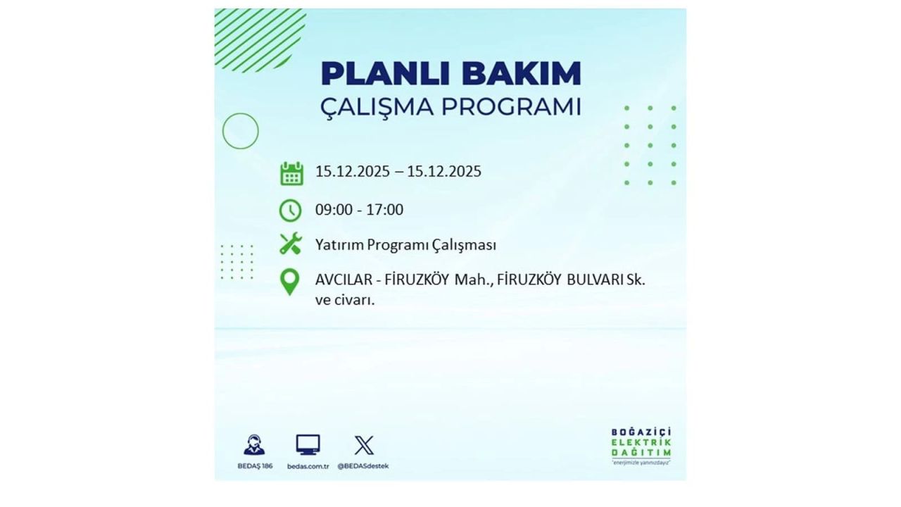 İstanbul'da 15 Aralık Pazartesi günü elektrik kesintileri olacak! İstanbul’da elektrikler ne zaman gelecek? BEDAŞ- AYEDAŞ 15 Aralık planlı elektrik kesintisi programı 6