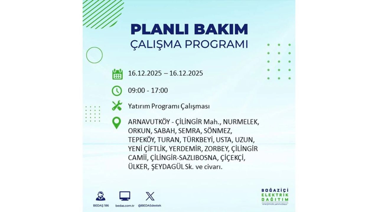 İstanbul'da dev elektrik kesintisi! 16 Aralık 2025 İstanbul'da elektrikler ne zaman gelecek, İstanbul'da 16 Aralık tarihinde hangi ilçelerde elektrik kesintileri olacak? 7