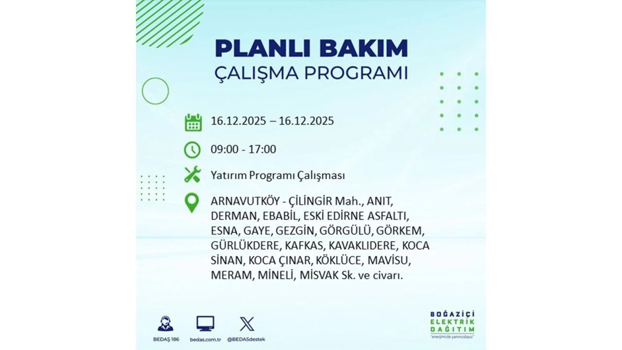 İstanbul'da dev elektrik kesintisi! 16 Aralık 2025 İstanbul'da elektrikler ne zaman gelecek, İstanbul'da 16 Aralık tarihinde hangi ilçelerde elektrik kesintileri olacak? 8