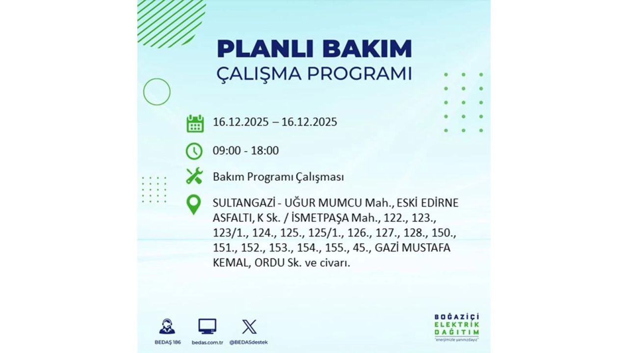 İstanbul'da dev elektrik kesintisi! 16 Aralık 2025 İstanbul'da elektrikler ne zaman gelecek, İstanbul'da 16 Aralık tarihinde hangi ilçelerde elektrik kesintileri olacak? 16