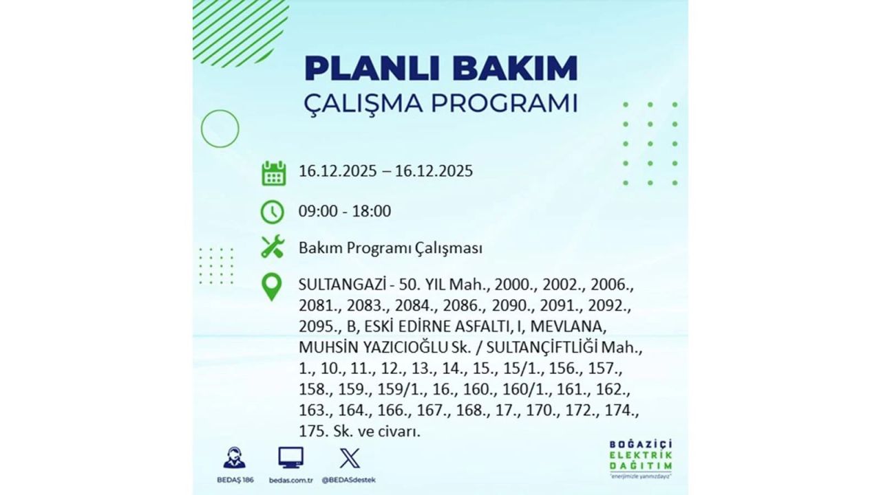 İstanbul'da dev elektrik kesintisi! 16 Aralık 2025 İstanbul'da elektrikler ne zaman gelecek, İstanbul'da 16 Aralık tarihinde hangi ilçelerde elektrik kesintileri olacak? 18