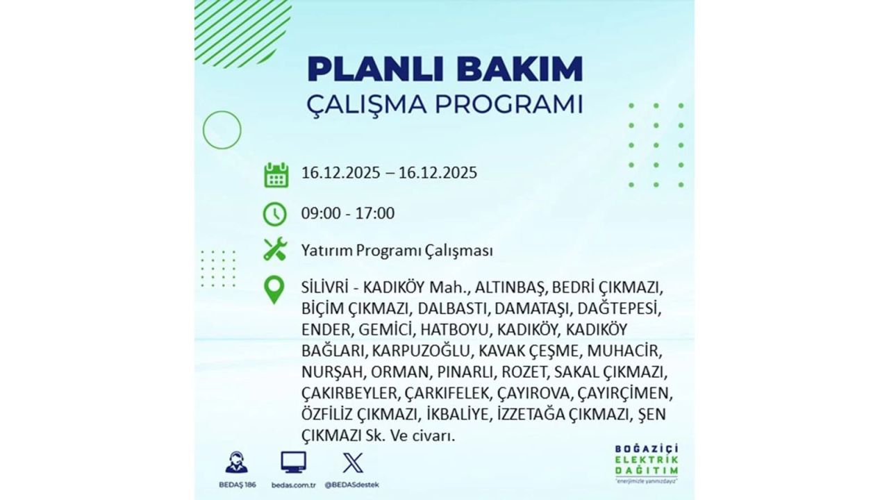 İstanbul'da dev elektrik kesintisi! 16 Aralık 2025 İstanbul'da elektrikler ne zaman gelecek, İstanbul'da 16 Aralık tarihinde hangi ilçelerde elektrik kesintileri olacak? 21