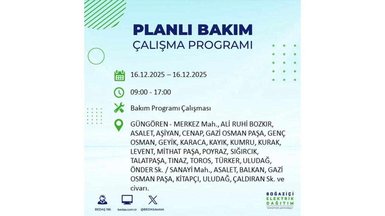 İstanbul'da dev elektrik kesintisi! 16 Aralık 2025 İstanbul'da elektrikler ne zaman gelecek, İstanbul'da 16 Aralık tarihinde hangi ilçelerde elektrik kesintileri olacak? 36