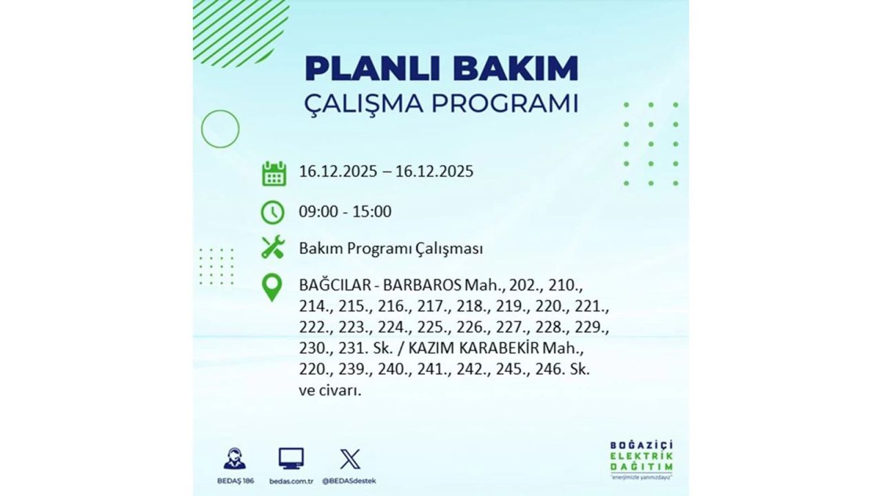 İstanbul'da dev elektrik kesintisi! 16 Aralık 2025 İstanbul'da elektrikler ne zaman gelecek, İstanbul'da 16 Aralık tarihinde hangi ilçelerde elektrik kesintileri olacak? 1