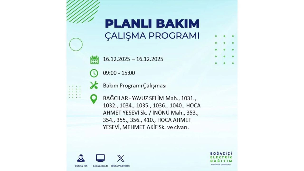 İstanbul'da dev elektrik kesintisi! 16 Aralık 2025 İstanbul'da elektrikler ne zaman gelecek, İstanbul'da 16 Aralık tarihinde hangi ilçelerde elektrik kesintileri olacak? 2