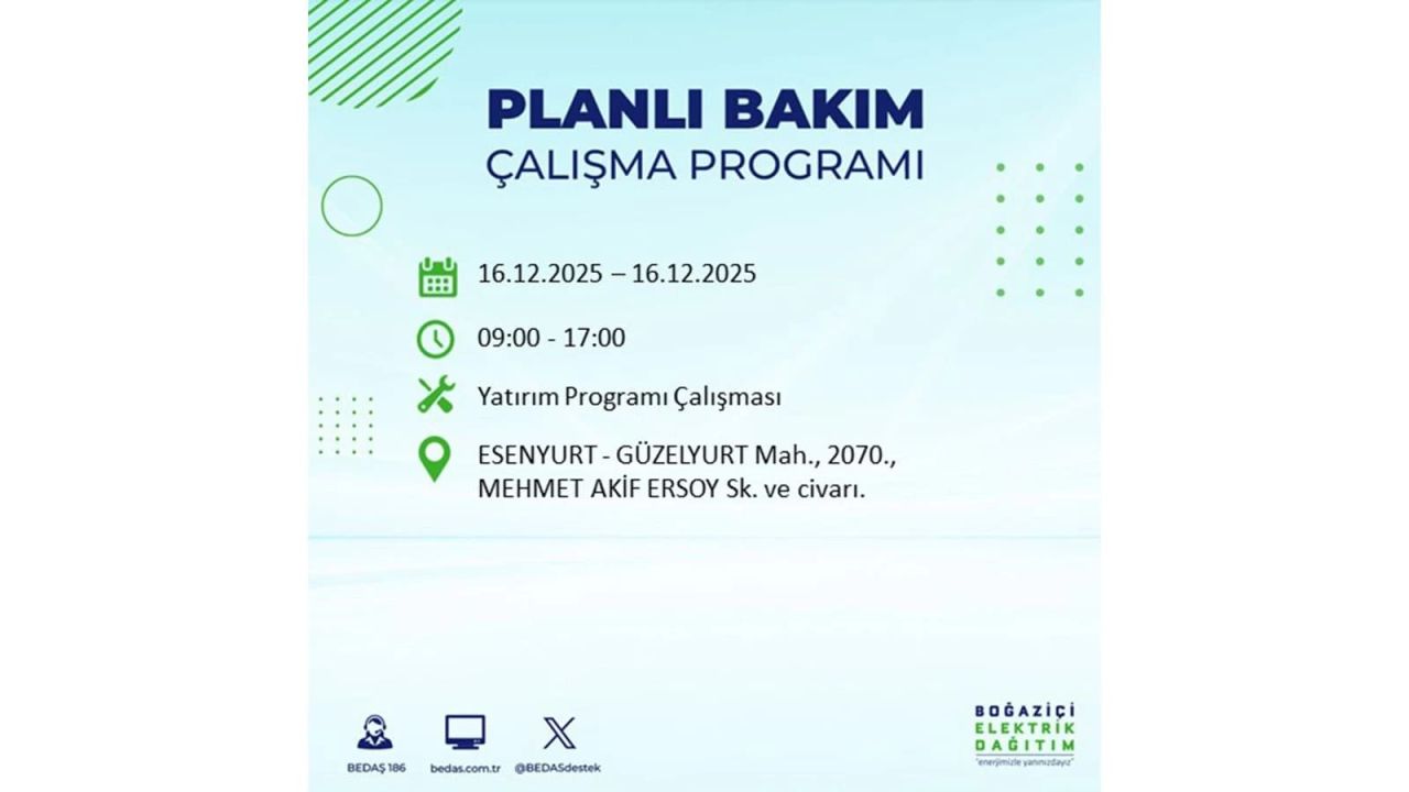 İstanbul'da dev elektrik kesintisi! 16 Aralık 2025 İstanbul'da elektrikler ne zaman gelecek, İstanbul'da 16 Aralık tarihinde hangi ilçelerde elektrik kesintileri olacak? 50