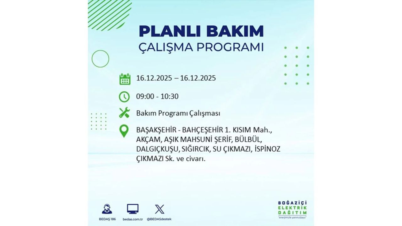 İstanbul'da dev elektrik kesintisi! 16 Aralık 2025 İstanbul'da elektrikler ne zaman gelecek, İstanbul'da 16 Aralık tarihinde hangi ilçelerde elektrik kesintileri olacak? 62