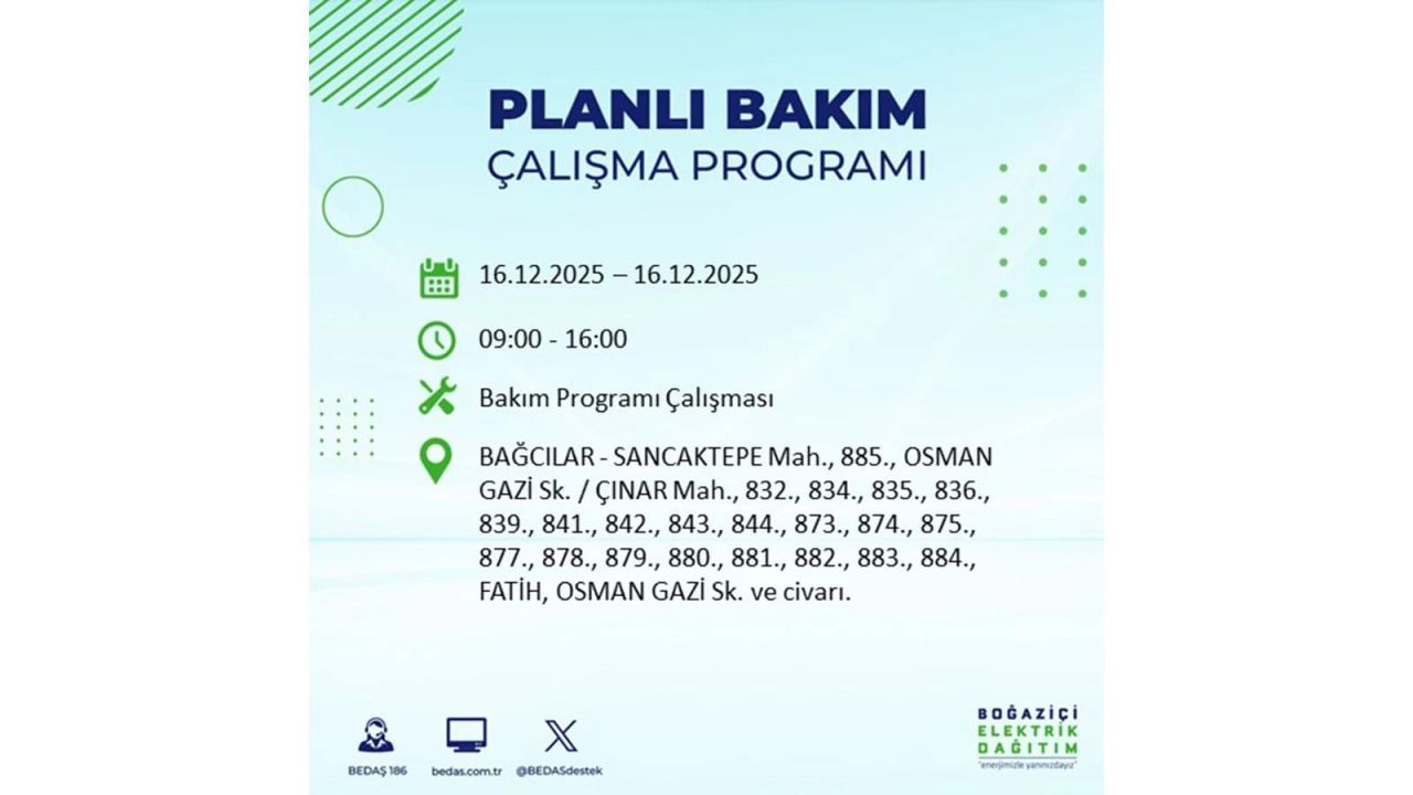 İstanbul'da dev elektrik kesintisi! 16 Aralık 2025 İstanbul'da elektrikler ne zaman gelecek, İstanbul'da 16 Aralık tarihinde hangi ilçelerde elektrik kesintileri olacak? 80