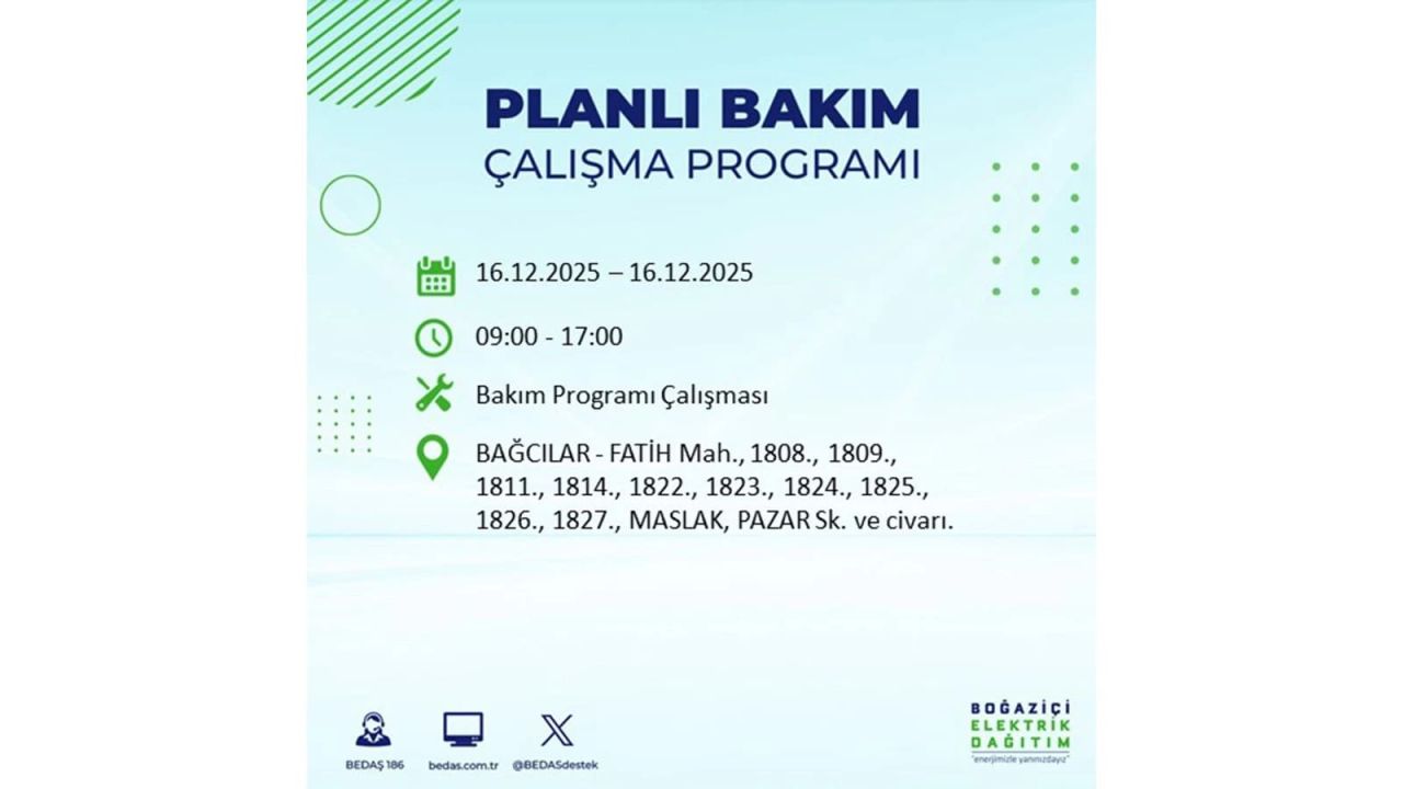İstanbul'da dev elektrik kesintisi! 16 Aralık 2025 İstanbul'da elektrikler ne zaman gelecek, İstanbul'da 16 Aralık tarihinde hangi ilçelerde elektrik kesintileri olacak? 94