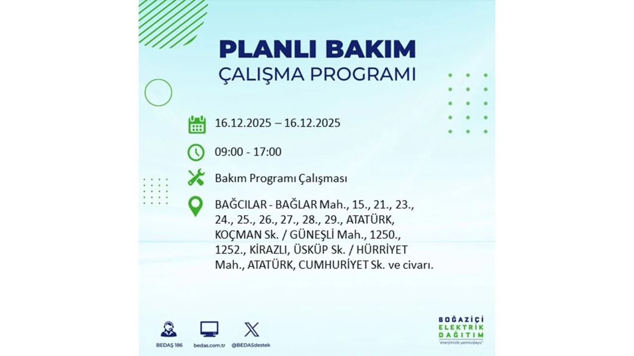 İstanbul'da dev elektrik kesintisi! 16 Aralık 2025 İstanbul'da elektrikler ne zaman gelecek, İstanbul'da 16 Aralık tarihinde hangi ilçelerde elektrik kesintileri olacak? 96
