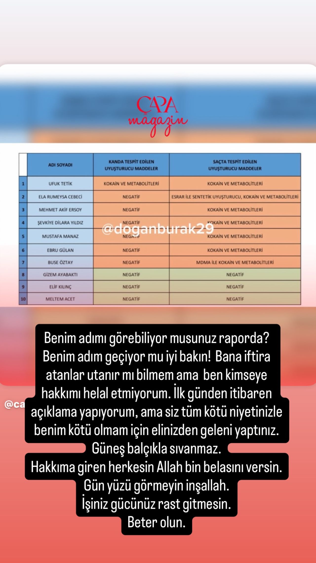 Hande Sarıoğlu, beddua ederek uyuşturucu testi sonuçlarını paylaştı 5