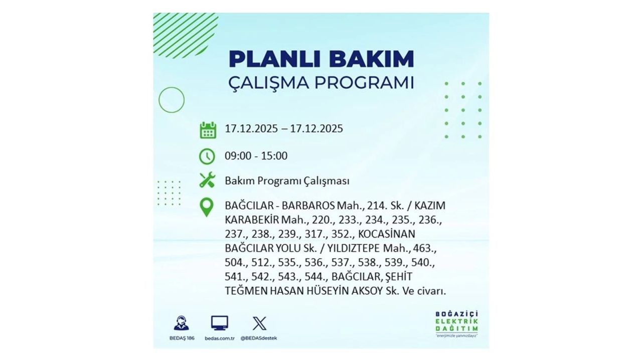 İstanbul'da birçok noktada elektrik kesintisi olacak! İstanbul'da elektrikler ne zaman gelecek? 17 Aralık 2025 İstanbul elektrik kesintisi sorgulama 7