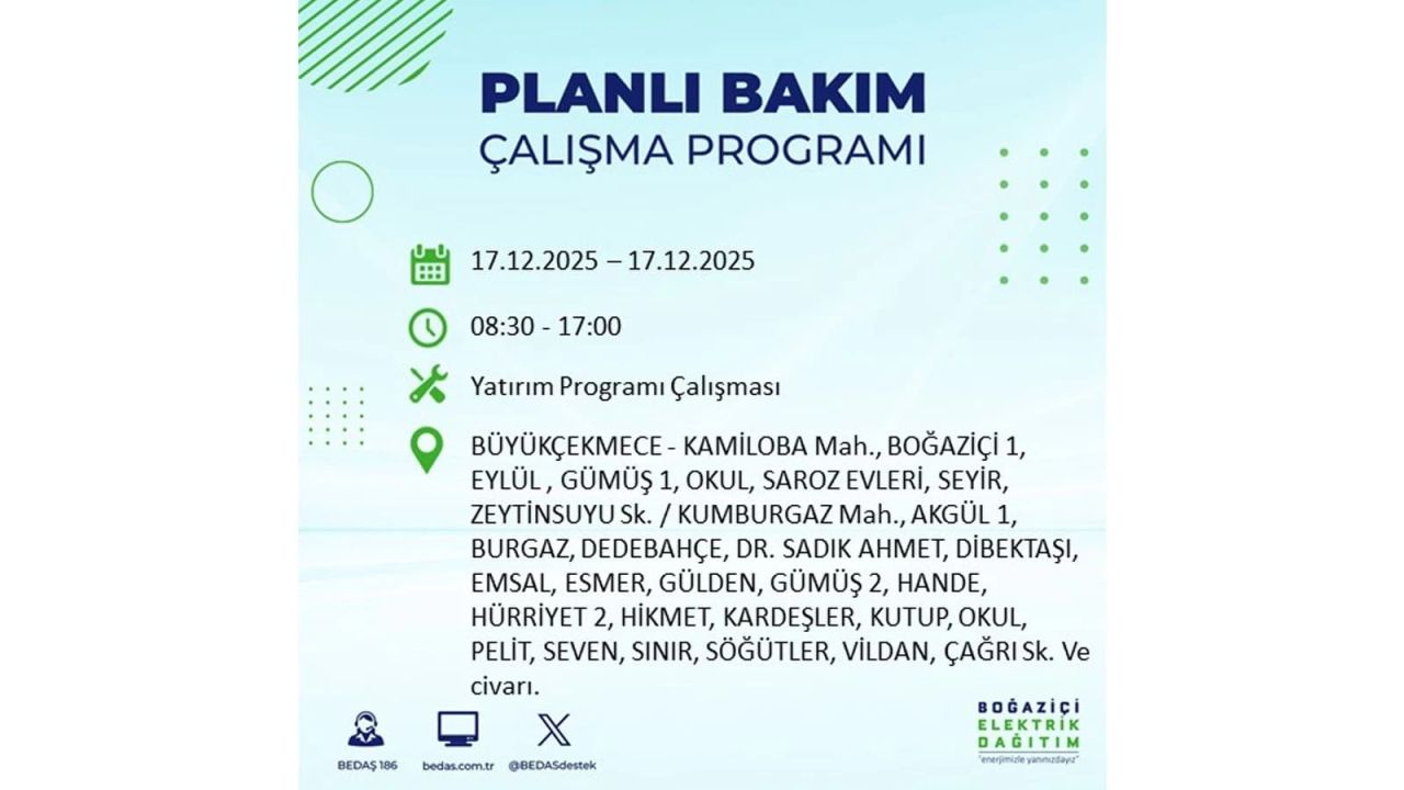 İstanbul'da birçok noktada elektrik kesintisi olacak! İstanbul'da elektrikler ne zaman gelecek? 17 Aralık 2025 İstanbul elektrik kesintisi sorgulama 97