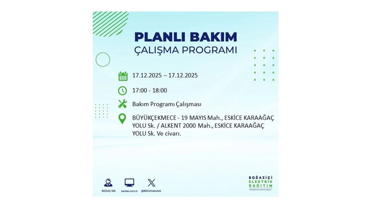 İstanbul'da birçok noktada elektrik kesintisi olacak! İstanbul'da elektrikler ne zaman gelecek? 17 Aralık 2025 İstanbul elektrik kesintisi sorgulama 98