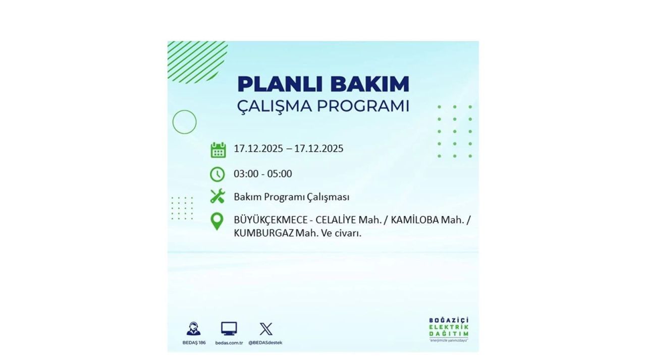 İstanbul'da birçok noktada elektrik kesintisi olacak! İstanbul'da elektrikler ne zaman gelecek? 17 Aralık 2025 İstanbul elektrik kesintisi sorgulama 100