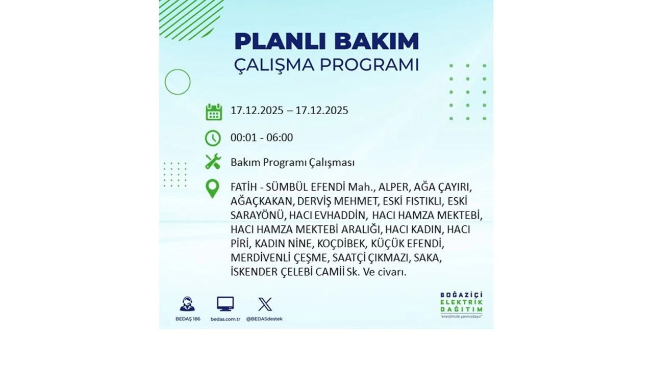 İstanbul'da birçok noktada elektrik kesintisi olacak! İstanbul'da elektrikler ne zaman gelecek? 17 Aralık 2025 İstanbul elektrik kesintisi sorgulama 118