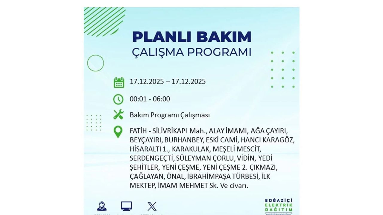 İstanbul'da birçok noktada elektrik kesintisi olacak! İstanbul'da elektrikler ne zaman gelecek? 17 Aralık 2025 İstanbul elektrik kesintisi sorgulama 119