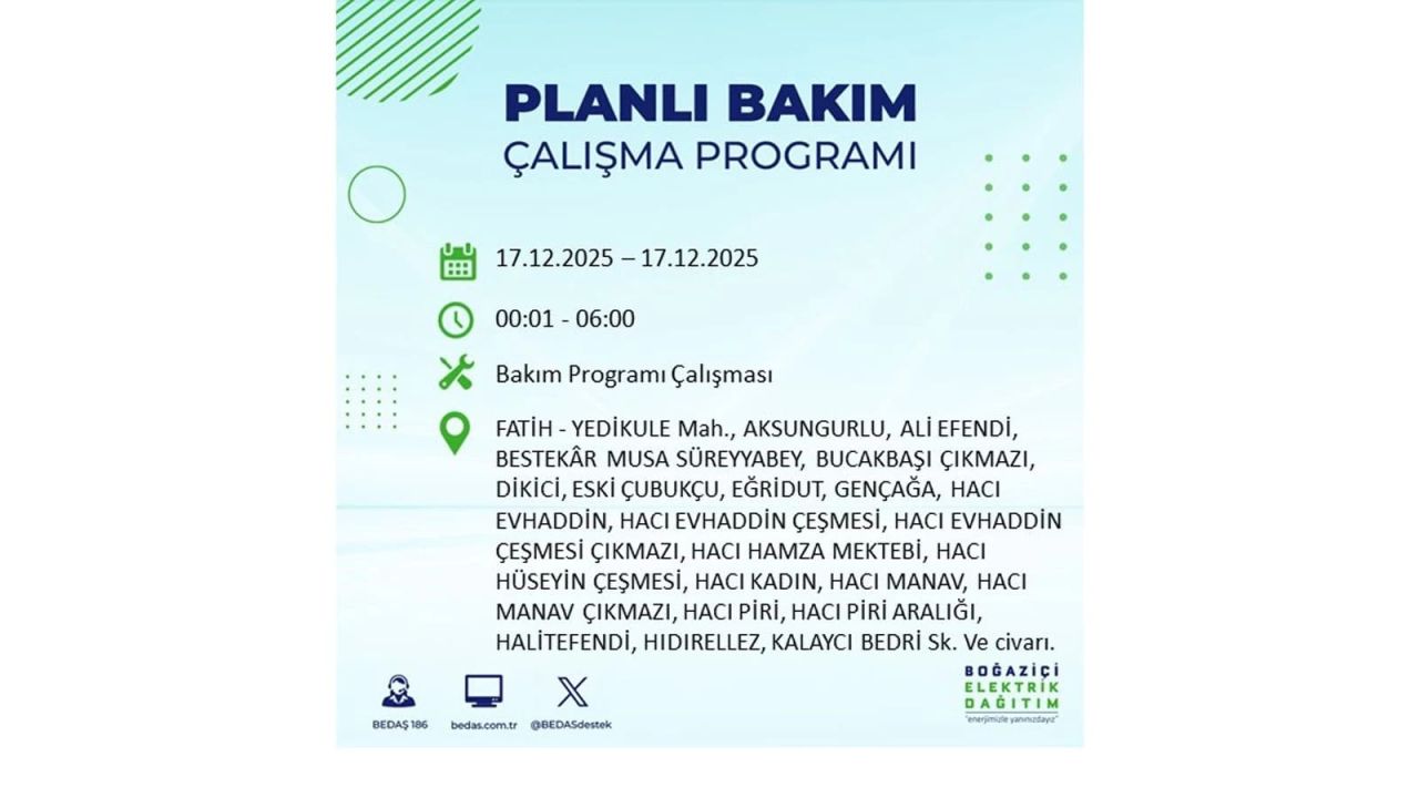 İstanbul'da birçok noktada elektrik kesintisi olacak! İstanbul'da elektrikler ne zaman gelecek? 17 Aralık 2025 İstanbul elektrik kesintisi sorgulama 120
