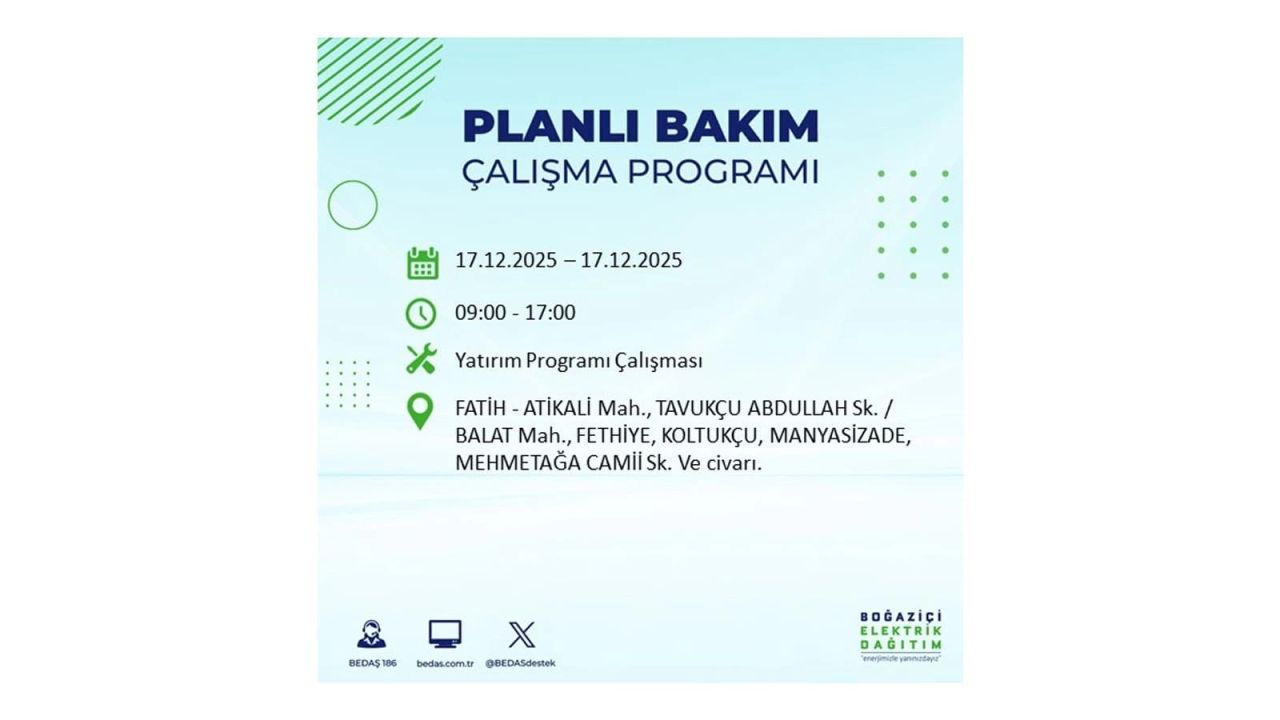 İstanbul'da birçok noktada elektrik kesintisi olacak! İstanbul'da elektrikler ne zaman gelecek? 17 Aralık 2025 İstanbul elektrik kesintisi sorgulama 122