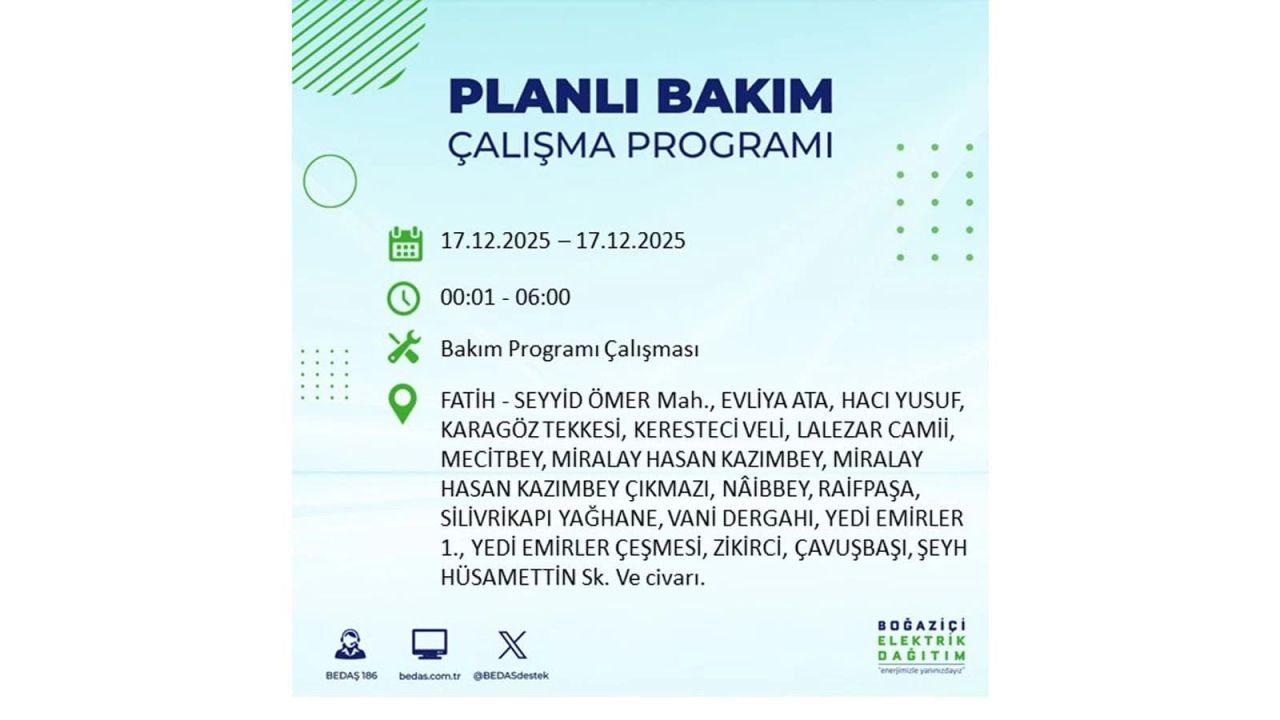 İstanbul'da birçok noktada elektrik kesintisi olacak! İstanbul'da elektrikler ne zaman gelecek? 17 Aralık 2025 İstanbul elektrik kesintisi sorgulama 123