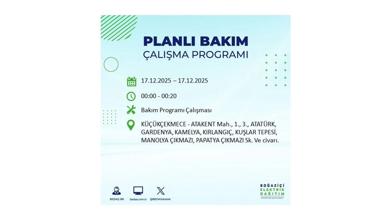 İstanbul'da birçok noktada elektrik kesintisi olacak! İstanbul'da elektrikler ne zaman gelecek? 17 Aralık 2025 İstanbul elektrik kesintisi sorgulama 128