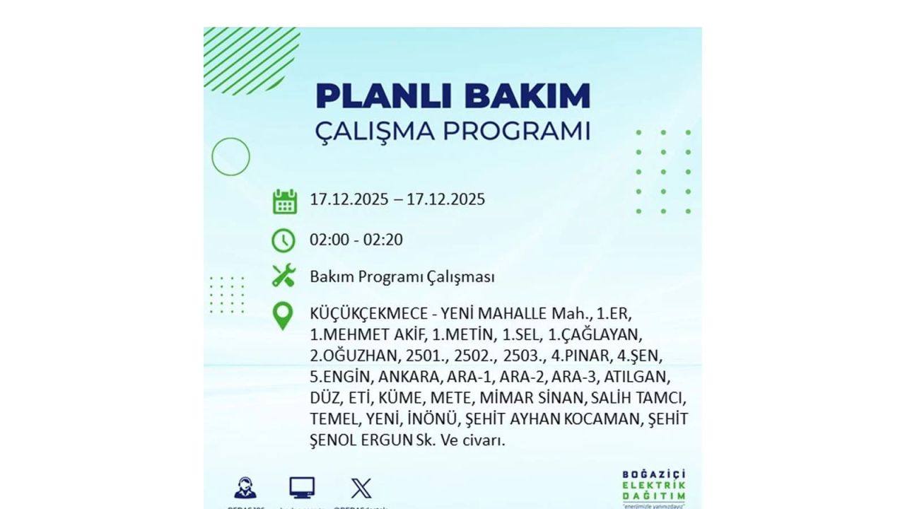 İstanbul'da birçok noktada elektrik kesintisi olacak! İstanbul'da elektrikler ne zaman gelecek? 17 Aralık 2025 İstanbul elektrik kesintisi sorgulama 131