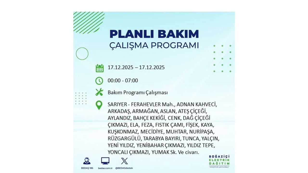 İstanbul'da birçok noktada elektrik kesintisi olacak! İstanbul'da elektrikler ne zaman gelecek? 17 Aralık 2025 İstanbul elektrik kesintisi sorgulama 139