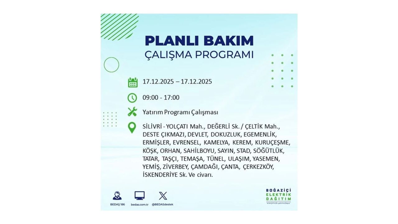İstanbul'da birçok noktada elektrik kesintisi olacak! İstanbul'da elektrikler ne zaman gelecek? 17 Aralık 2025 İstanbul elektrik kesintisi sorgulama 141