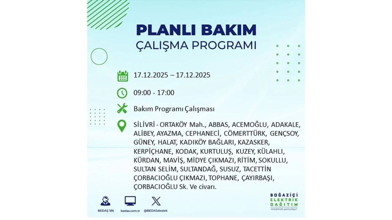 İstanbul'da birçok noktada elektrik kesintisi olacak! İstanbul'da elektrikler ne zaman gelecek? 17 Aralık 2025 İstanbul elektrik kesintisi sorgulama 142