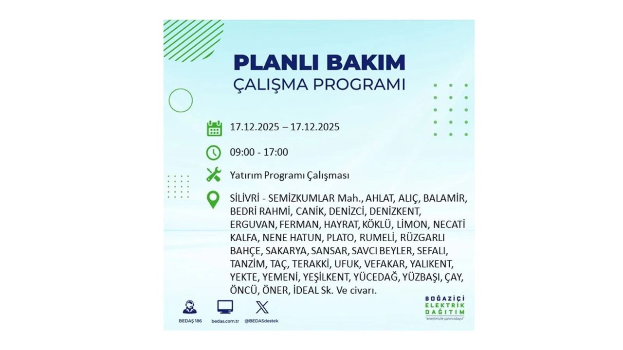 İstanbul'da birçok noktada elektrik kesintisi olacak! İstanbul'da elektrikler ne zaman gelecek? 17 Aralık 2025 İstanbul elektrik kesintisi sorgulama 143
