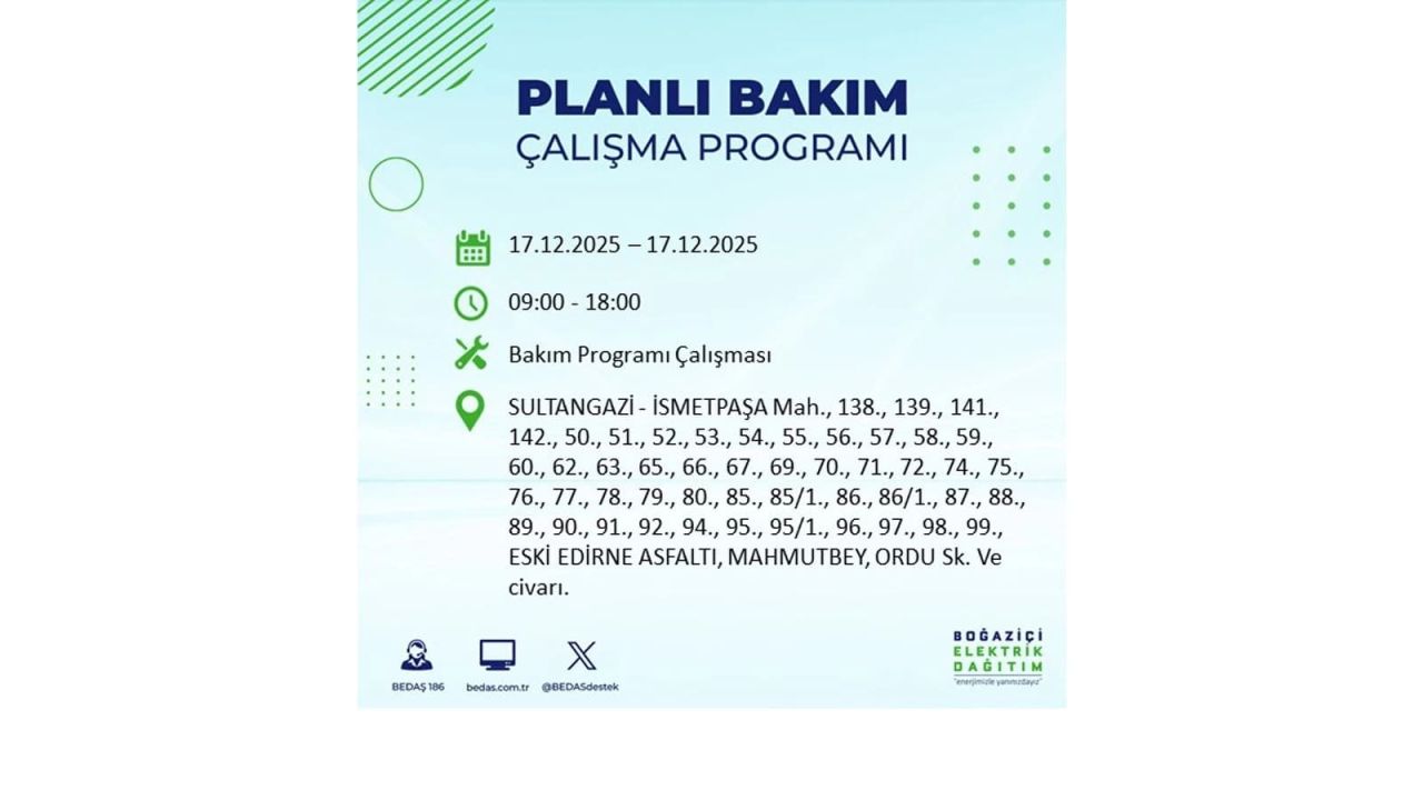 İstanbul'da birçok noktada elektrik kesintisi olacak! İstanbul'da elektrikler ne zaman gelecek? 17 Aralık 2025 İstanbul elektrik kesintisi sorgulama 146