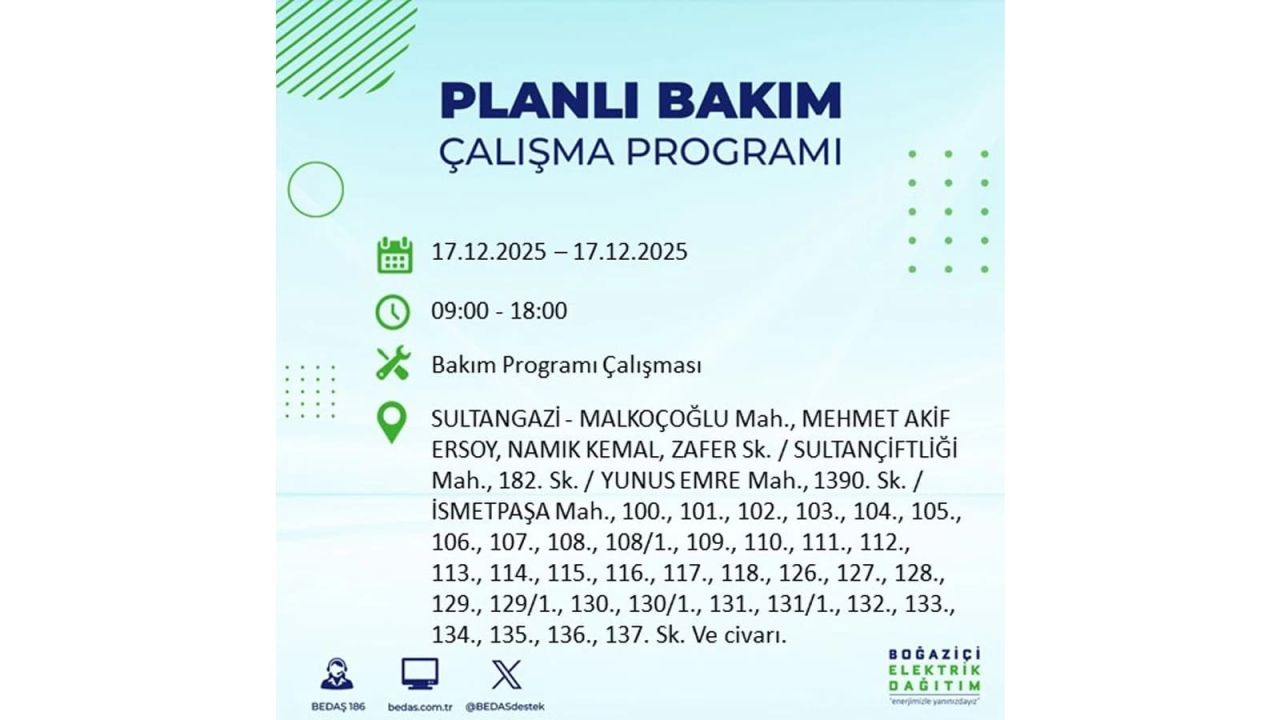 İstanbul'da birçok noktada elektrik kesintisi olacak! İstanbul'da elektrikler ne zaman gelecek? 17 Aralık 2025 İstanbul elektrik kesintisi sorgulama 147