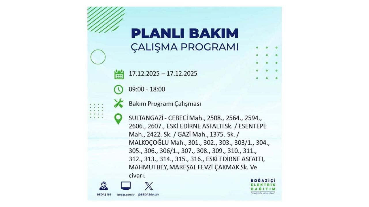 İstanbul'da birçok noktada elektrik kesintisi olacak! İstanbul'da elektrikler ne zaman gelecek? 17 Aralık 2025 İstanbul elektrik kesintisi sorgulama 149