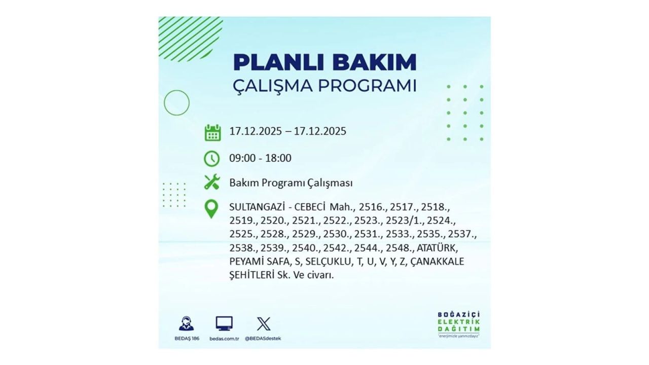 İstanbul'da birçok noktada elektrik kesintisi olacak! İstanbul'da elektrikler ne zaman gelecek? 17 Aralık 2025 İstanbul elektrik kesintisi sorgulama 154