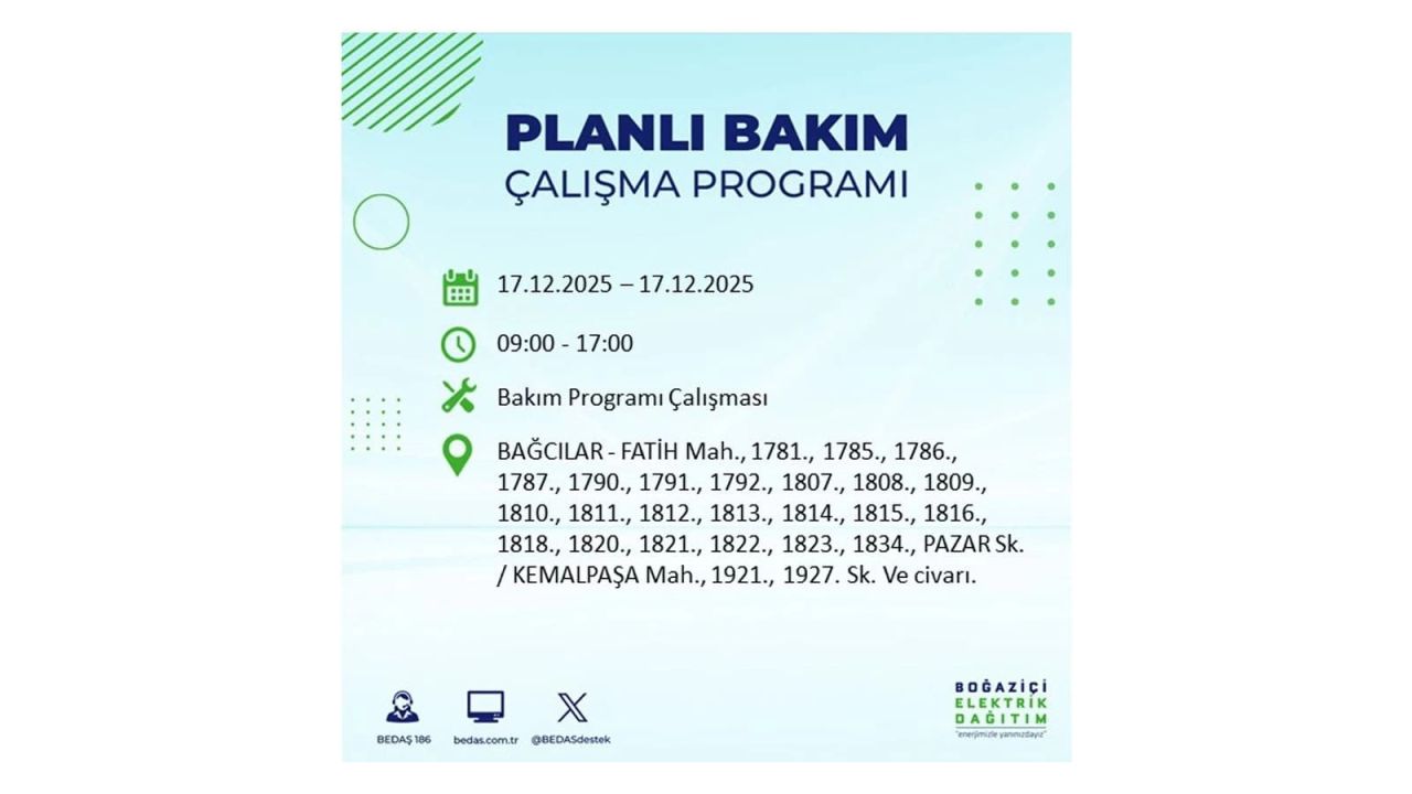 İstanbul'da birçok noktada elektrik kesintisi olacak! İstanbul'da elektrikler ne zaman gelecek? 17 Aralık 2025 İstanbul elektrik kesintisi sorgulama 16