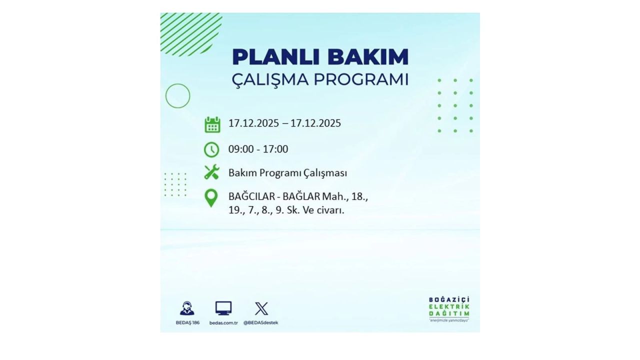 İstanbul'da birçok noktada elektrik kesintisi olacak! İstanbul'da elektrikler ne zaman gelecek? 17 Aralık 2025 İstanbul elektrik kesintisi sorgulama 17