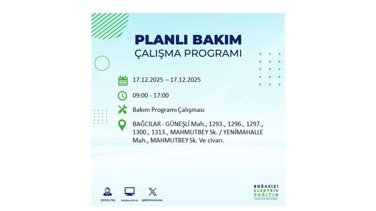 İstanbul'da birçok noktada elektrik kesintisi olacak! İstanbul'da elektrikler ne zaman gelecek? 17 Aralık 2025 İstanbul elektrik kesintisi sorgulama 18