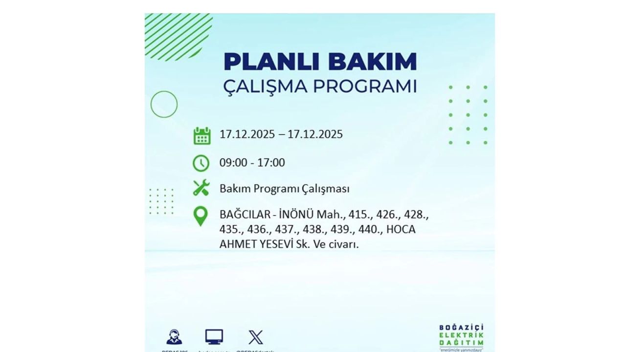 İstanbul'da birçok noktada elektrik kesintisi olacak! İstanbul'da elektrikler ne zaman gelecek? 17 Aralık 2025 İstanbul elektrik kesintisi sorgulama 20