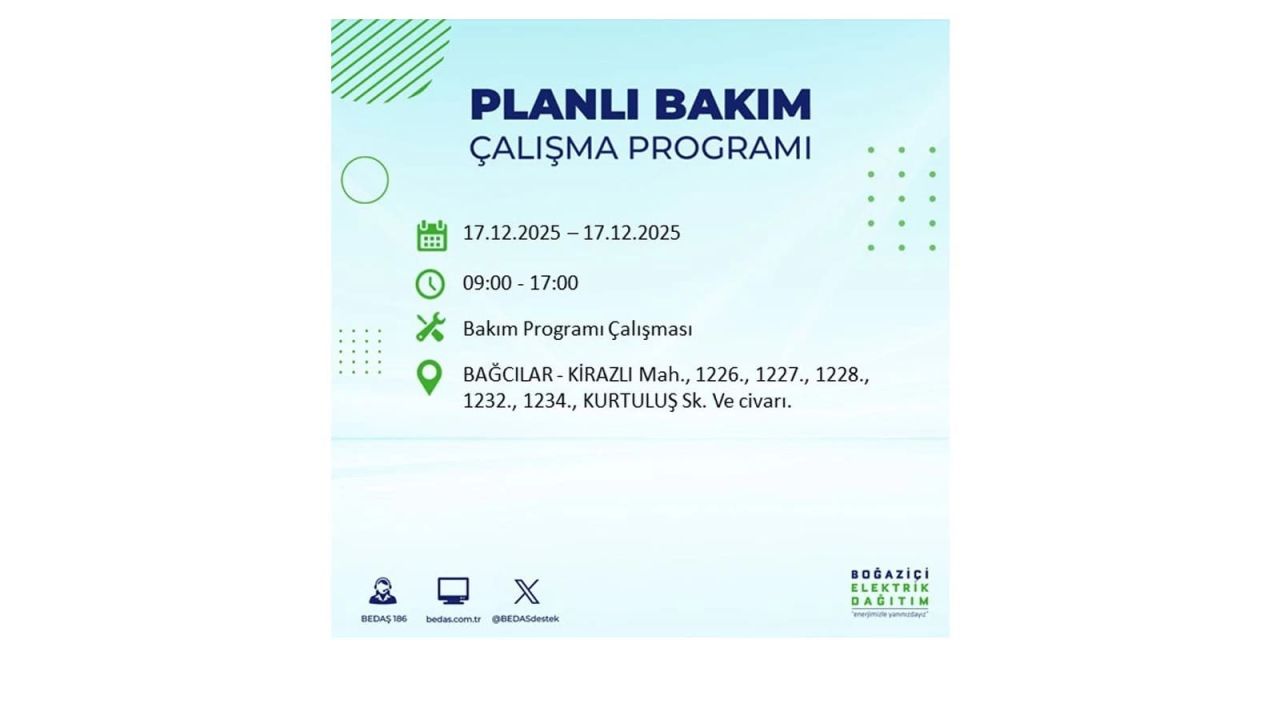 İstanbul'da birçok noktada elektrik kesintisi olacak! İstanbul'da elektrikler ne zaman gelecek? 17 Aralık 2025 İstanbul elektrik kesintisi sorgulama 23