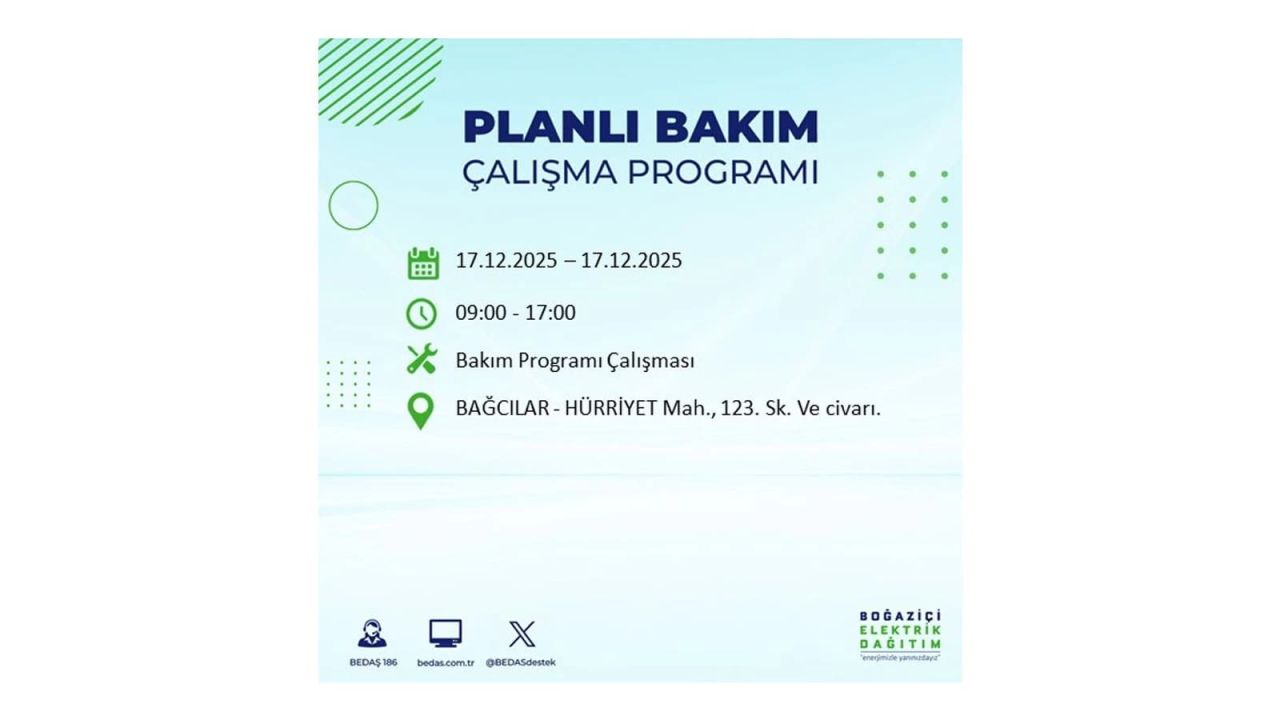İstanbul'da birçok noktada elektrik kesintisi olacak! İstanbul'da elektrikler ne zaman gelecek? 17 Aralık 2025 İstanbul elektrik kesintisi sorgulama 24