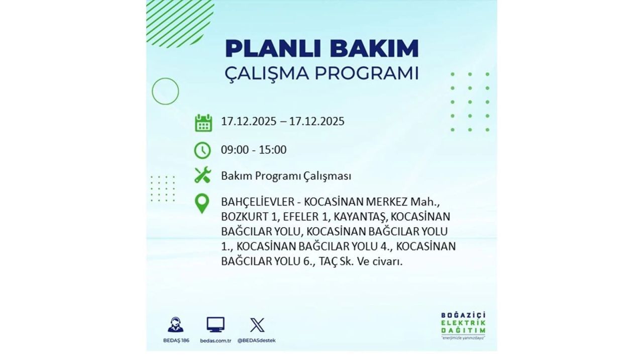 İstanbul'da birçok noktada elektrik kesintisi olacak! İstanbul'da elektrikler ne zaman gelecek? 17 Aralık 2025 İstanbul elektrik kesintisi sorgulama 31