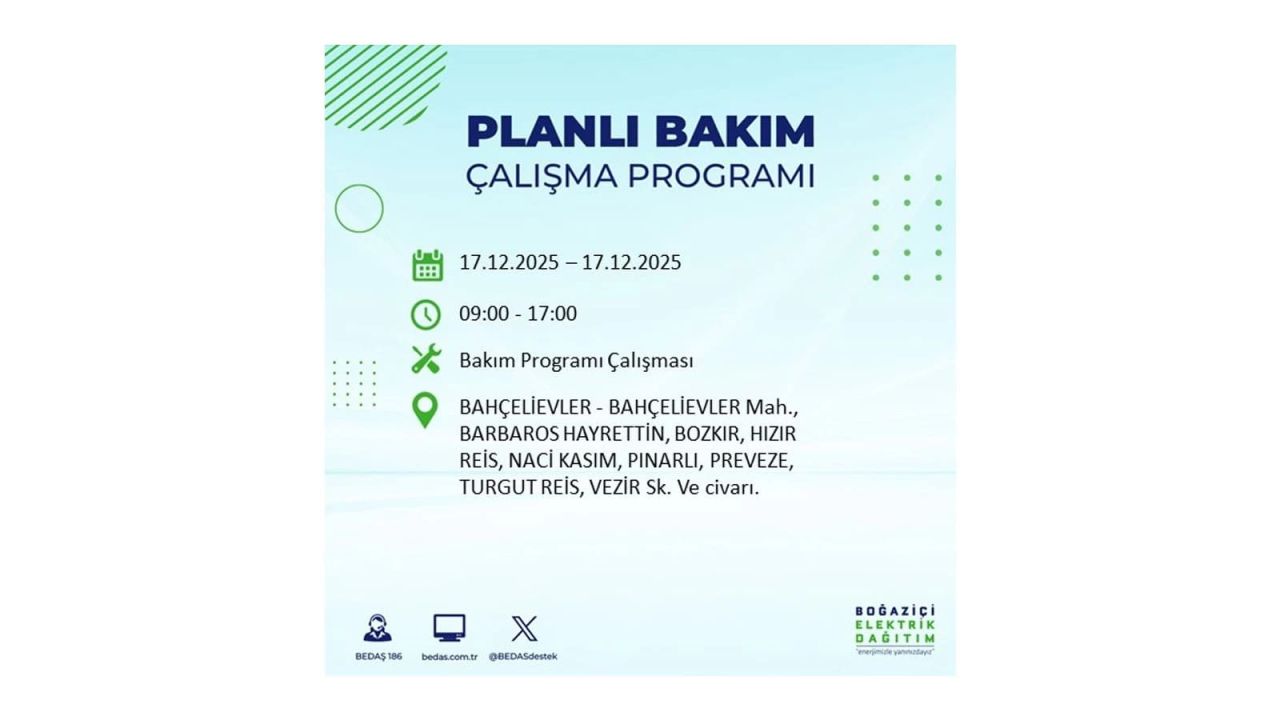 İstanbul'da birçok noktada elektrik kesintisi olacak! İstanbul'da elektrikler ne zaman gelecek? 17 Aralık 2025 İstanbul elektrik kesintisi sorgulama 32