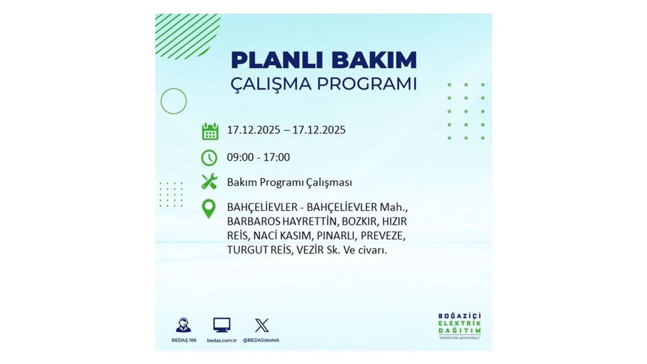 İstanbul'da birçok noktada elektrik kesintisi olacak! İstanbul'da elektrikler ne zaman gelecek? 17 Aralık 2025 İstanbul elektrik kesintisi sorgulama 33