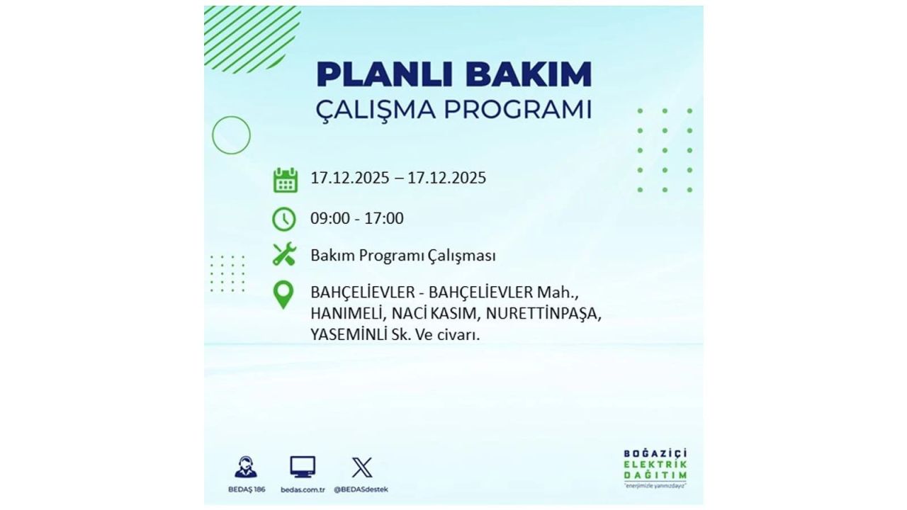 İstanbul'da birçok noktada elektrik kesintisi olacak! İstanbul'da elektrikler ne zaman gelecek? 17 Aralık 2025 İstanbul elektrik kesintisi sorgulama 34