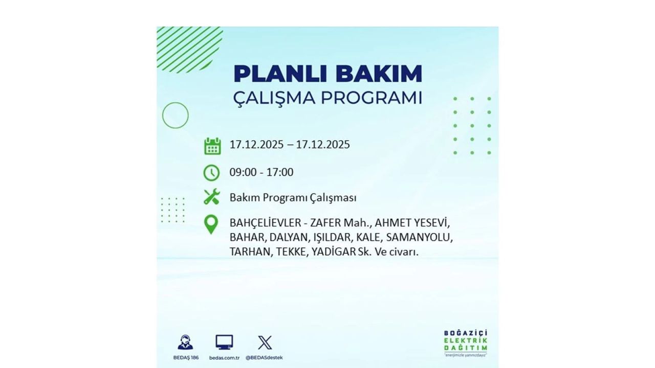 İstanbul'da birçok noktada elektrik kesintisi olacak! İstanbul'da elektrikler ne zaman gelecek? 17 Aralık 2025 İstanbul elektrik kesintisi sorgulama 36