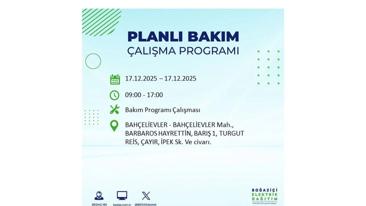 İstanbul'da birçok noktada elektrik kesintisi olacak! İstanbul'da elektrikler ne zaman gelecek? 17 Aralık 2025 İstanbul elektrik kesintisi sorgulama 37