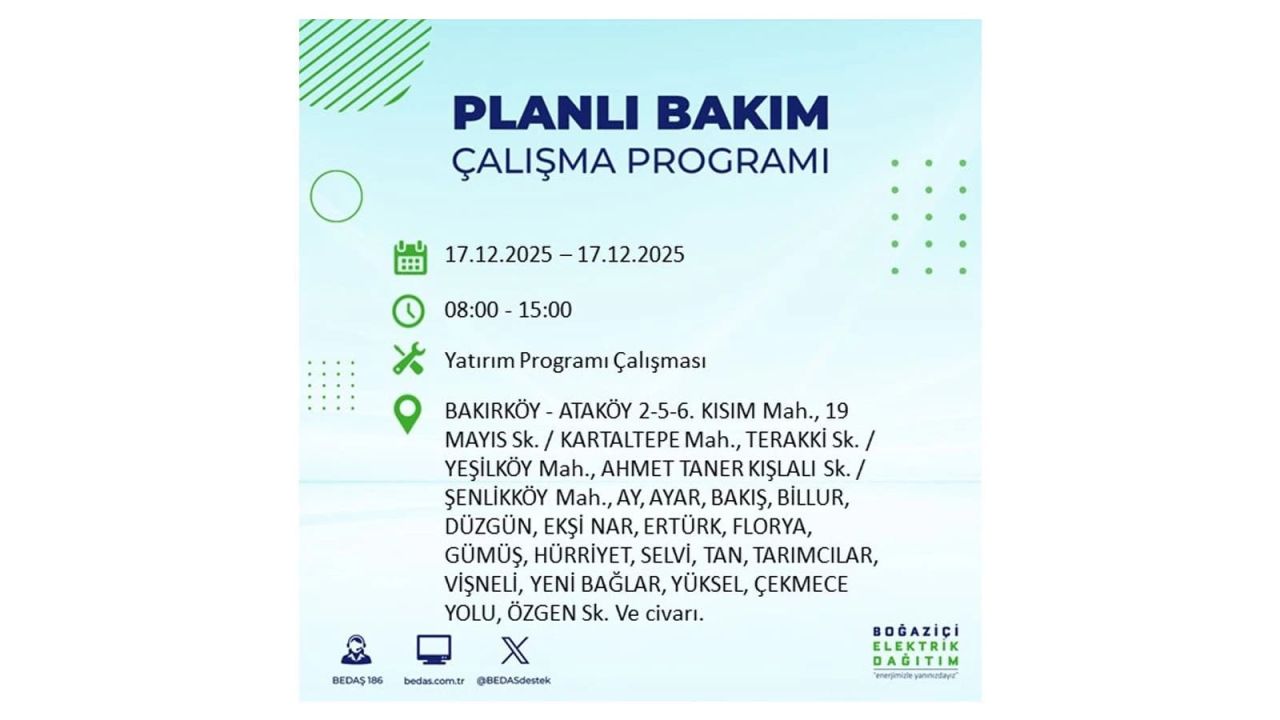 İstanbul'da birçok noktada elektrik kesintisi olacak! İstanbul'da elektrikler ne zaman gelecek? 17 Aralık 2025 İstanbul elektrik kesintisi sorgulama 40